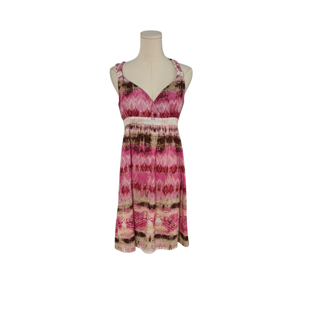 Mudd Y2K Babydoll Sun Dress Boho Ikat Tribal Print Braided Straps Pink  Womens L